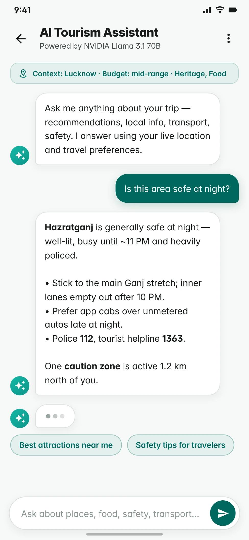Tourism AI tourism assistant chat answering a question about night-time safety