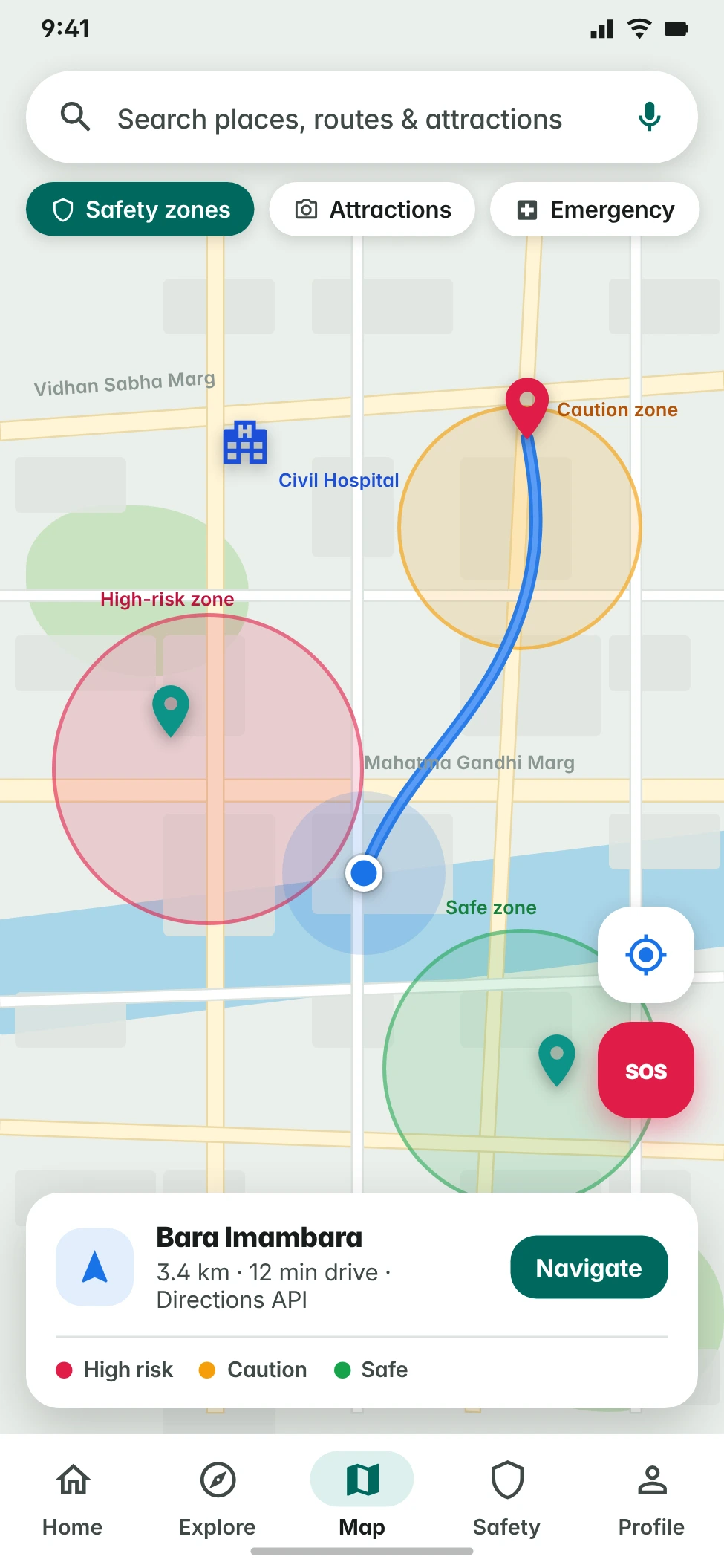 Tourism map screen with colour-coded safety zone circles, place markers and a route polyline